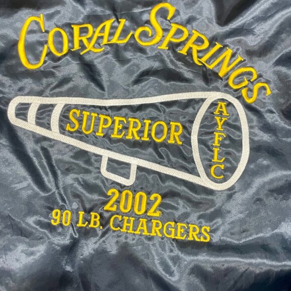 Y2K SATIN VARSITY BOMBER JACKET WESTSTARK TRENDY  SZ L BLUE/YELLOW MADE IN USA - Picture 11 of 16